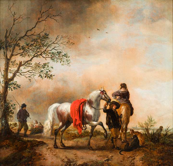 A Cavalier holding a Horse together with a mounted Lady and Dogs.